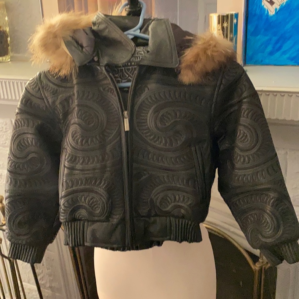 Size Small- Toddler Boys Desert Well Leather Winter Coat Detachable hood.